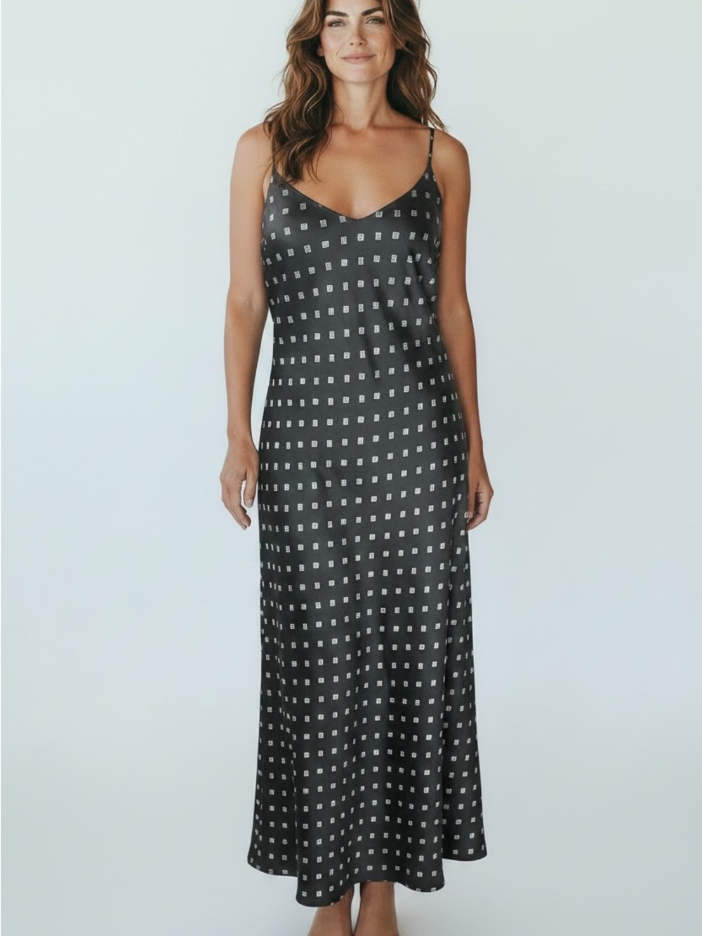 Vince Camuto Black Geometric Print Satin Slip Maxi Dress | Size M
